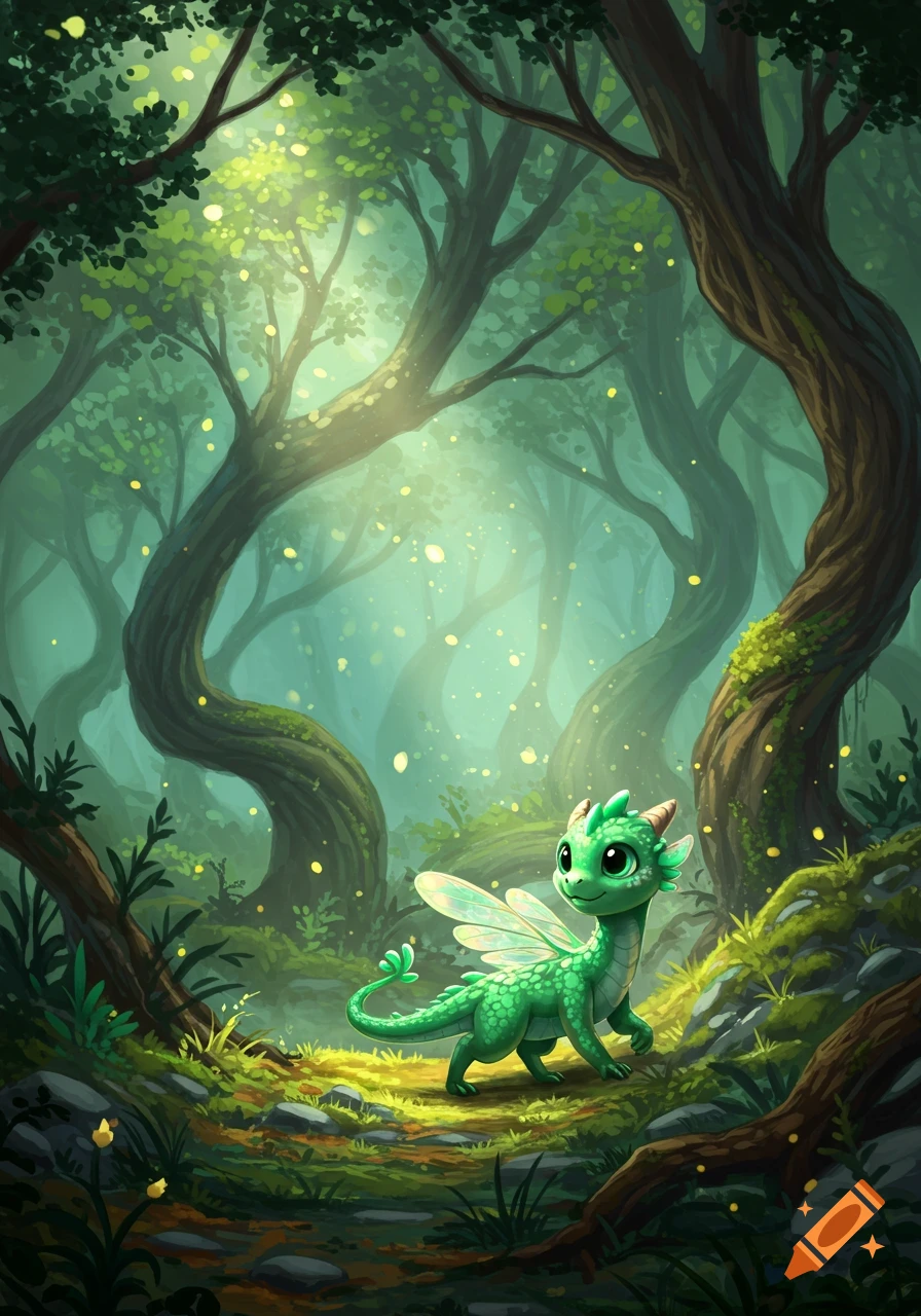 A cute green baby dragon with iridescent wings walks on a path in a magical, misty forest with glowing fireflies. Digital illustration.