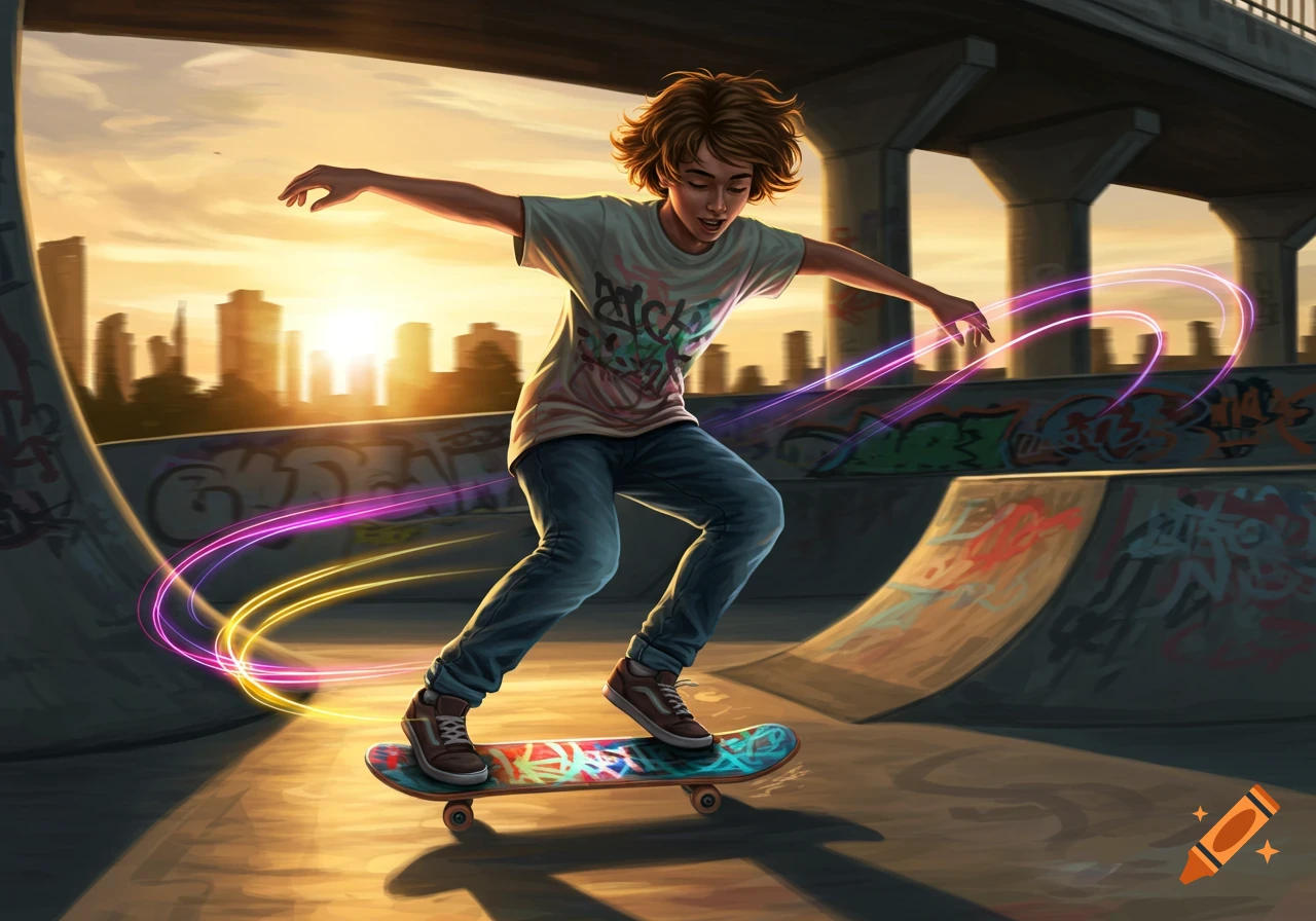 A young skater rides a skateboard in a skatepark at sunset, with colorful light trails and graffiti.