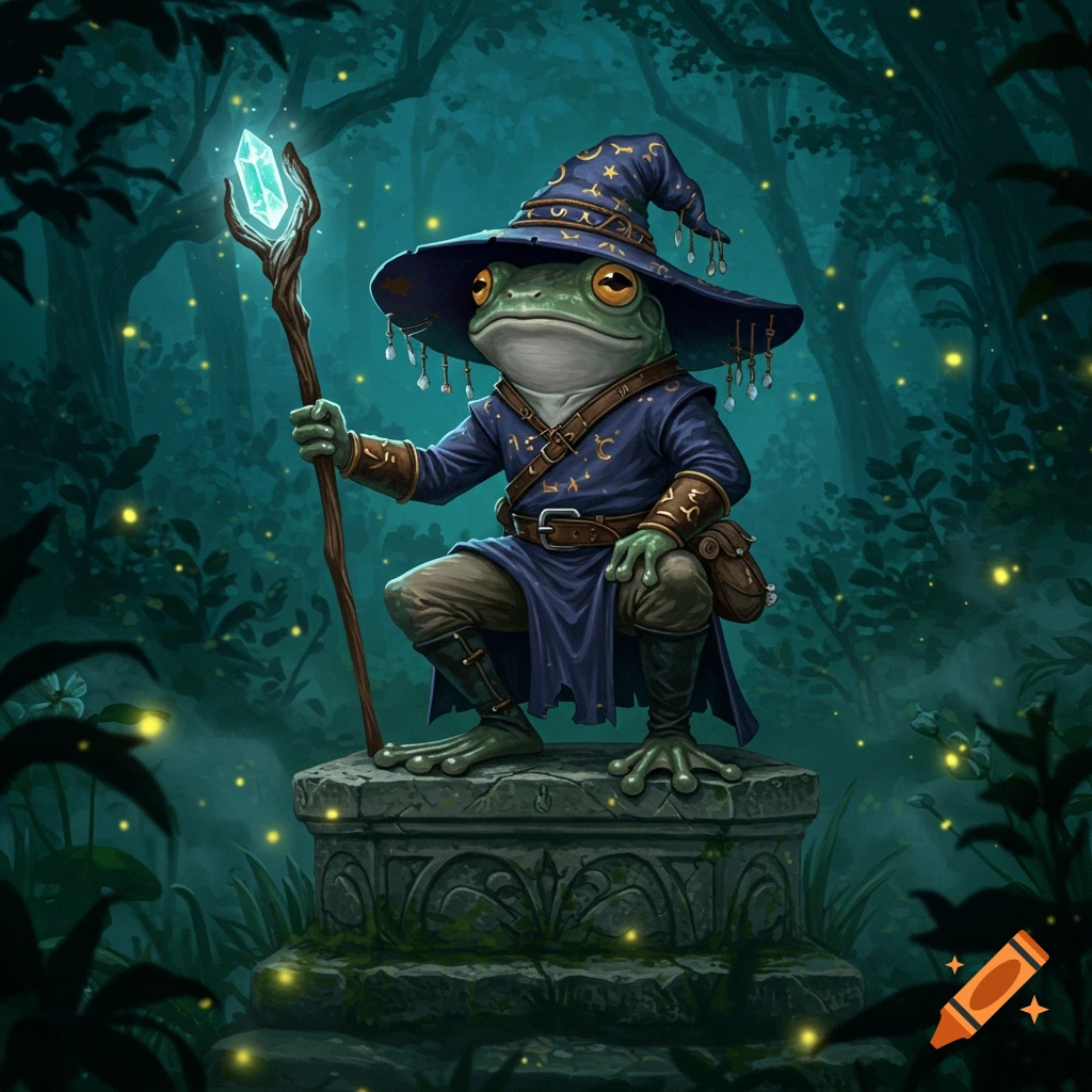 A frog wizard wearing a blue hat and robe squats on a stone pedestal in a magical forest, holding a glowing crystal staff.