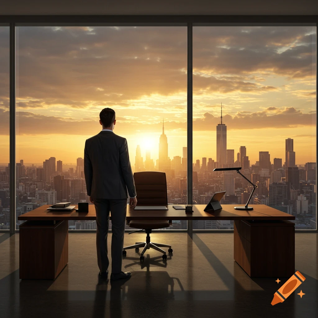 Photorealistic image of a man in a suit standing in a high-rise office, looking out at a cityscape during sunset.