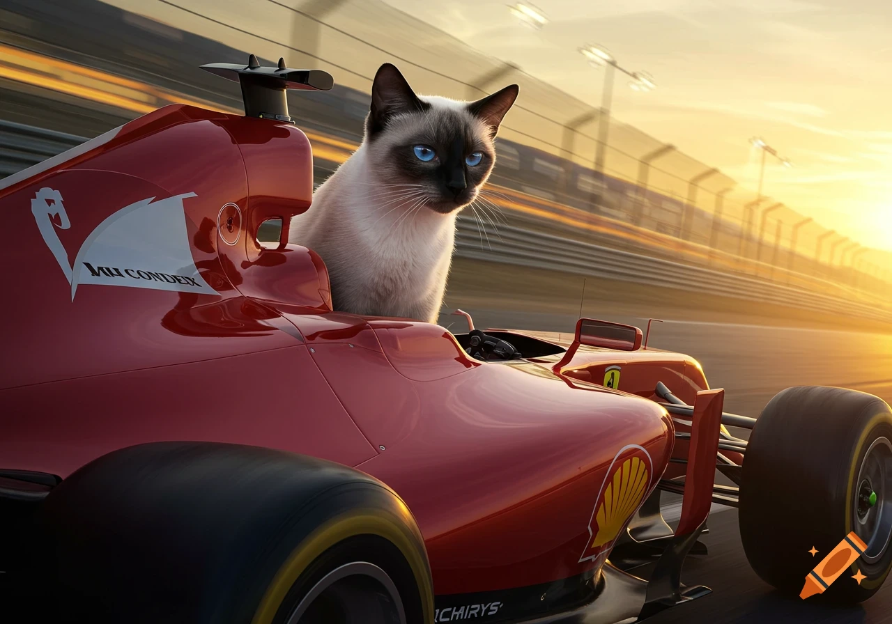 A photorealistic Siamese cat with blue eyes driving a red Formula 1 race car on a track at sunset.