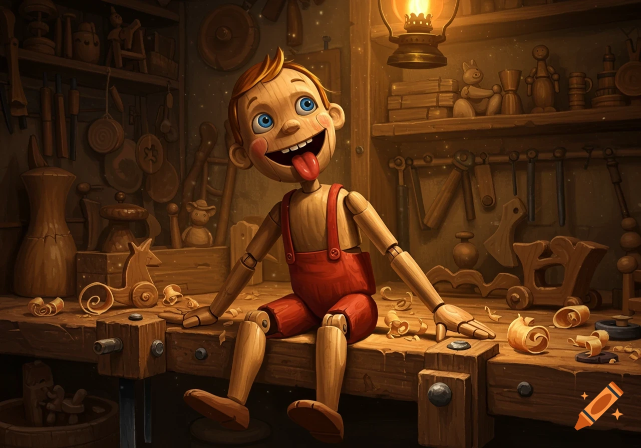 A happy Pinocchio-like wooden puppet with tongue out sits on a workbench in a warmly lit, detailed woodworking shop.