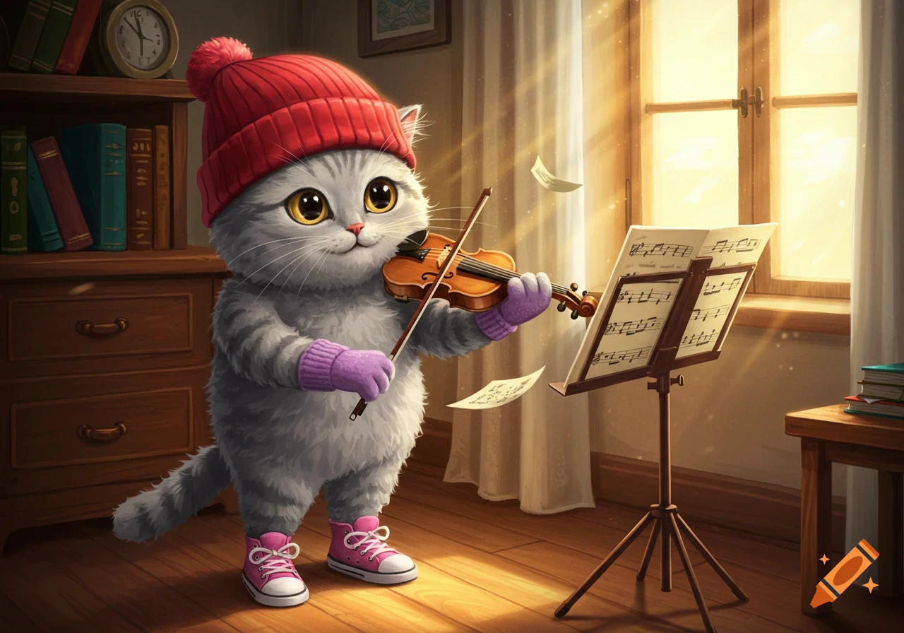 A fluffy grey cat wearing a red beanie, pink sneakers, and purple gloves, playing the violin by a sunlit window.