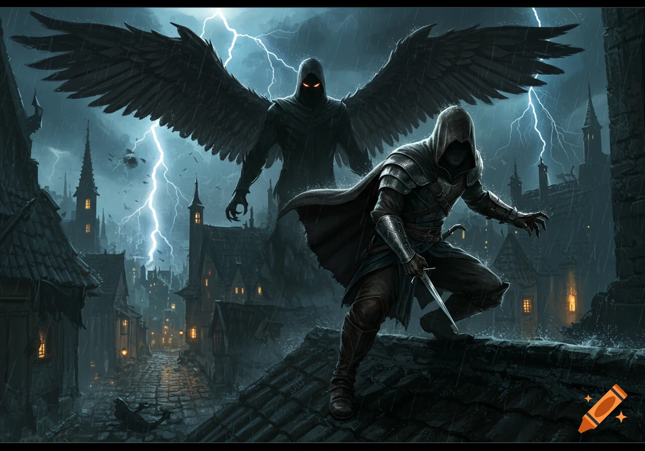 Hooded assassin on a dark rooftop with a dagger, shadowed by a winged figure as lightning strikes a medieval town.