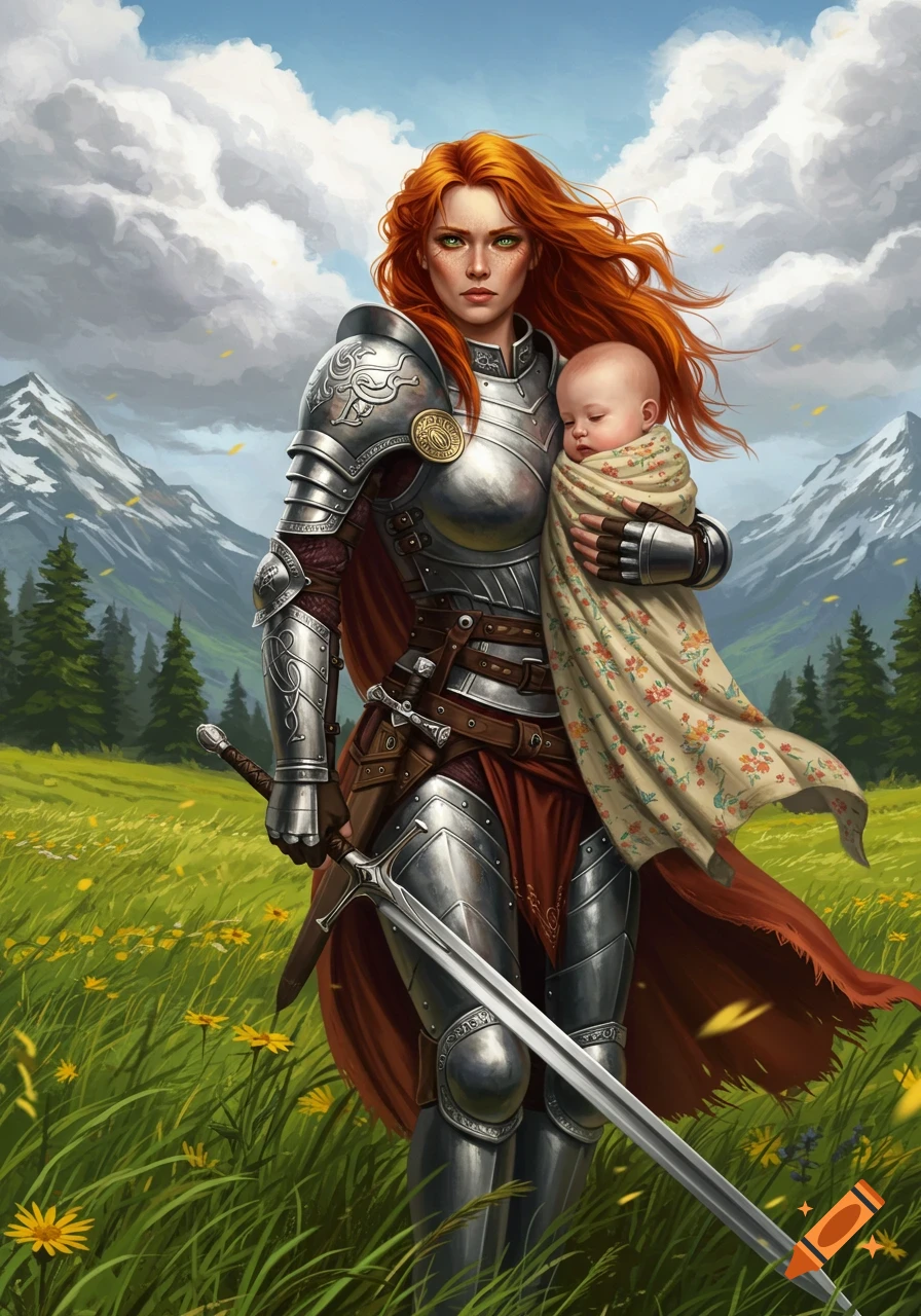 Red-haired warrior woman in shining armor holds a baby and a sword in a grassy field with mountains and clouds.
