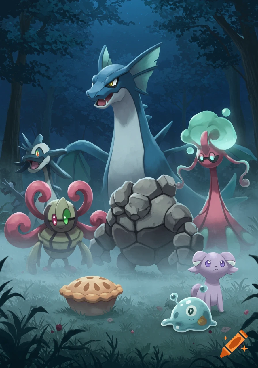 A digital illustration of a group of Pokémon: Dragalge, Cradily, Shiinotic, Appletun, Espurr, and Goomy, in a misty forest at night.