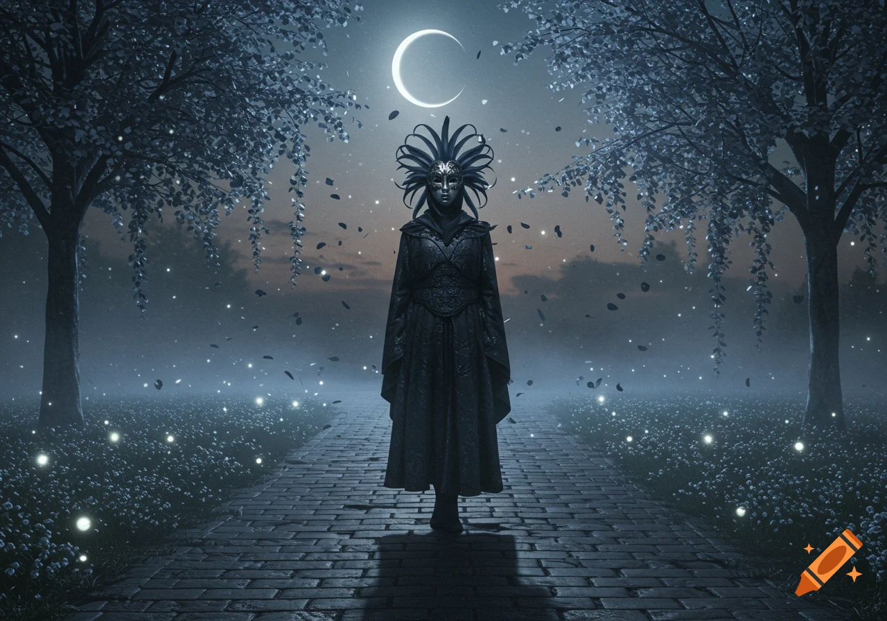 Mysterious masked figure in a dark gown on a brick path, surrounded by glowing lights and trees under a crescent moon.