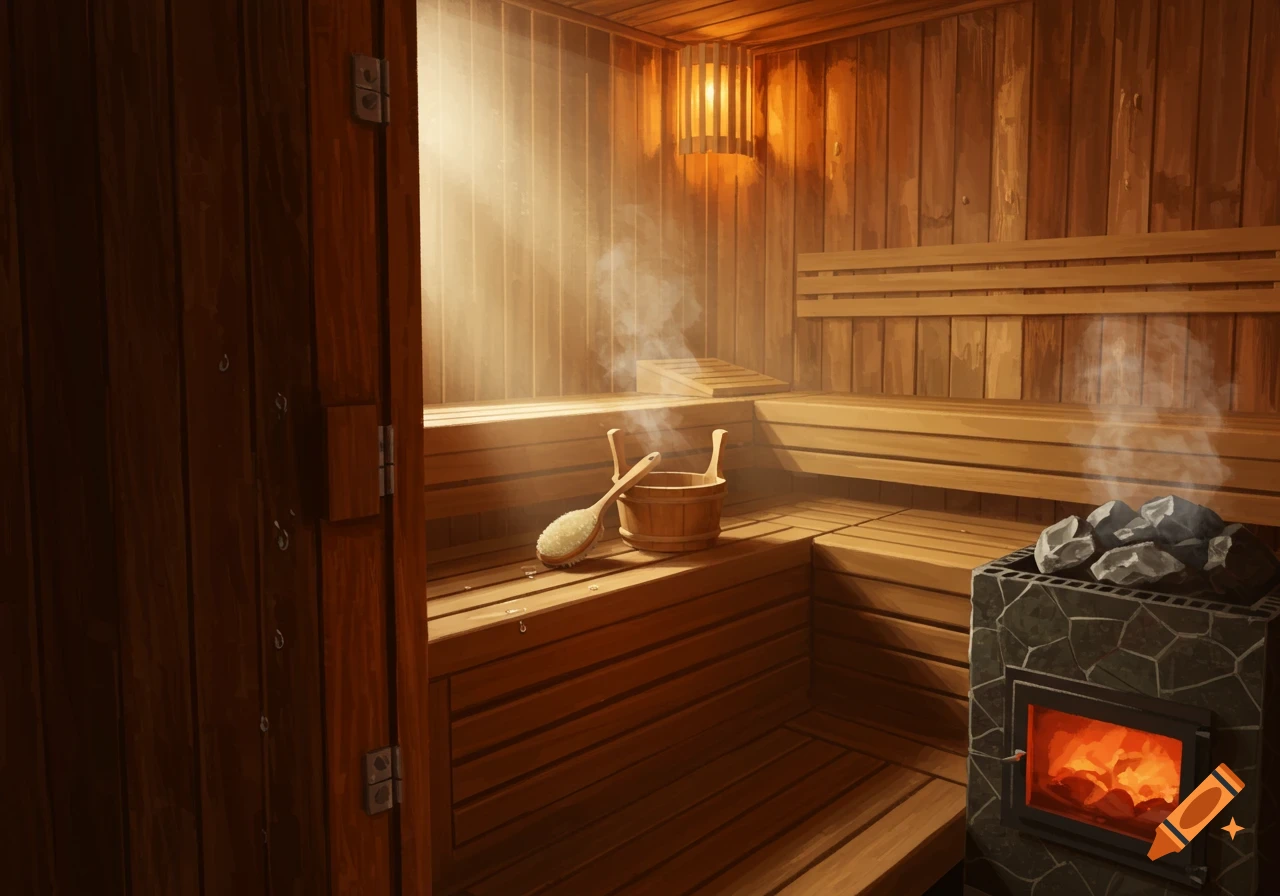 A steamy, warm wooden sauna interior with a bucket, brush, and a stone stove with glowing embers.