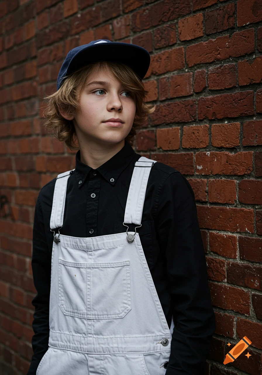 A blonde boy in a black shirt, white overalls, and a navy cap leans against a weathered brick wall, looking thoughtful. Photorealistic.