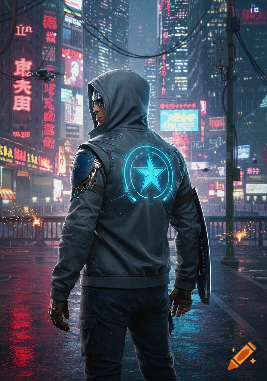 Captain America in a grey hoodie with a glowing blue star on his back, standing in a rainy cyberpunk city street with neon signs.