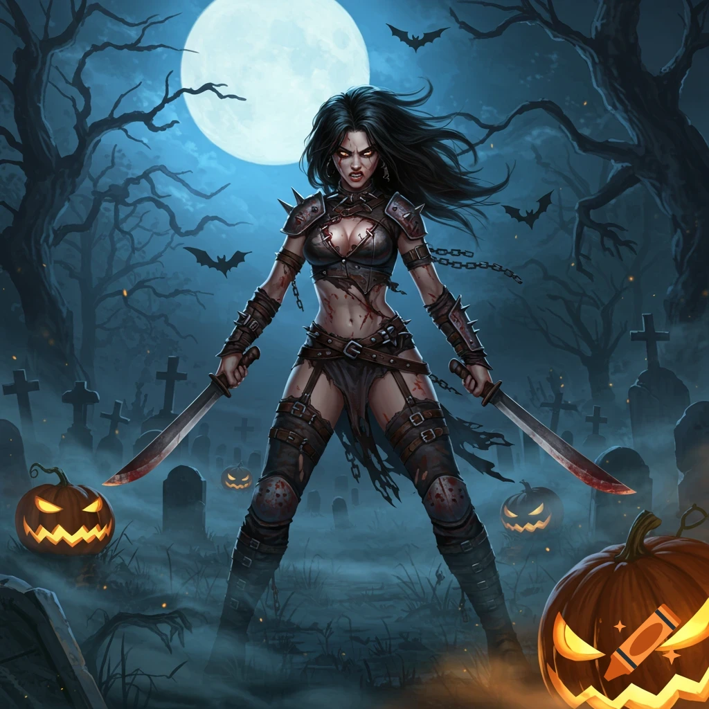 Fierce female warrior with bloodied swords stands in a dark graveyard under a full moon with bats and jack-o-lanterns, fantasy art style.