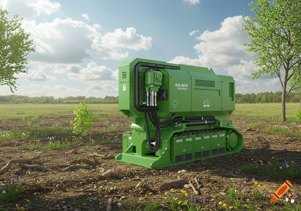 A green electrical powered hydraulic power unit with tracks sits in a field under a cloudy sky, photorealistic style.