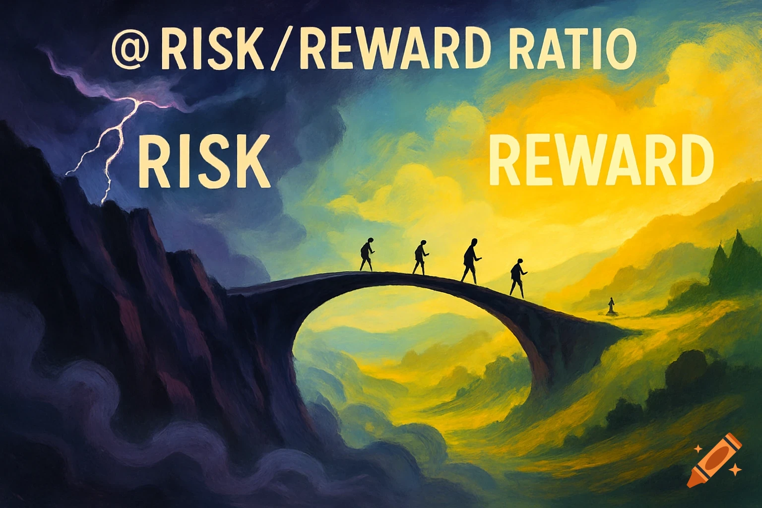 A stylized painting of a bridge over a chasm, dividing a stormy, dark 'RISK' landscape from a sunny, bright 'REWARD' landscape. Silhouettes of people walk across the bridge.