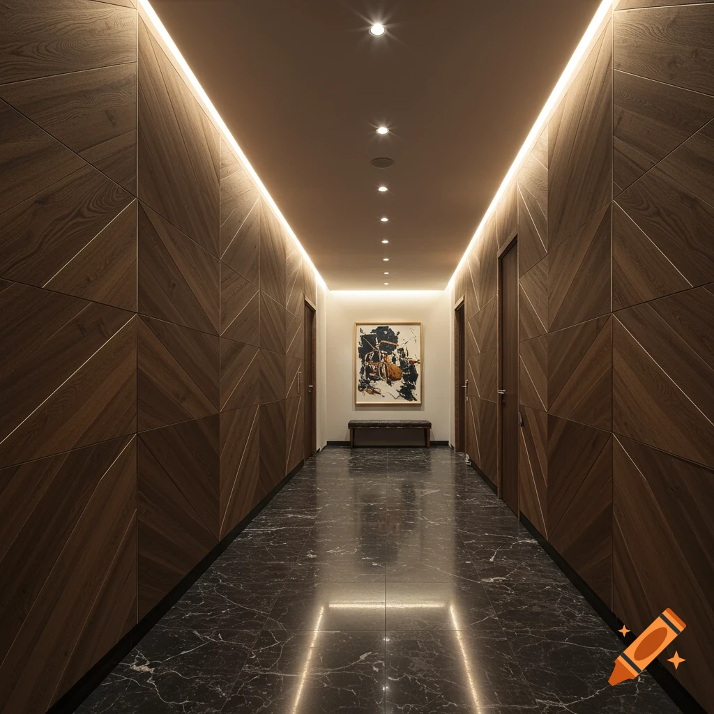 A modern hallway with chevron wood panel walls, a dark marble floor reflecting LED strip lights, and an abstract painting at the end.