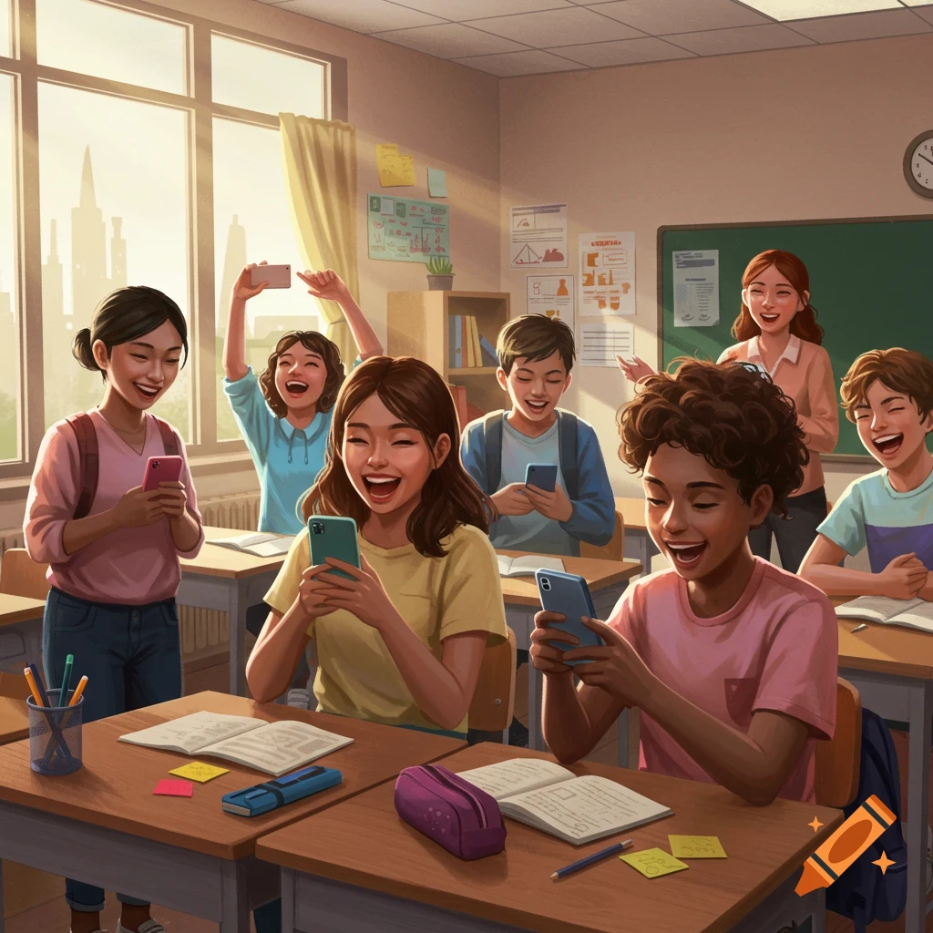 Happy students laughing while looking at phones in a bright classroom, with a smiling teacher in the background, illustrated style.