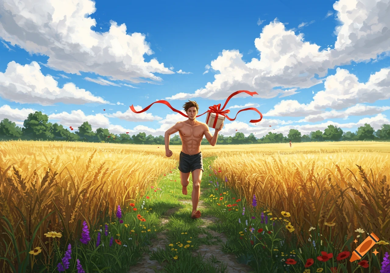 A stylized man, shirtless in shorts, runs through a sunny golden wheat field, holding a gift box with a red ribbon.