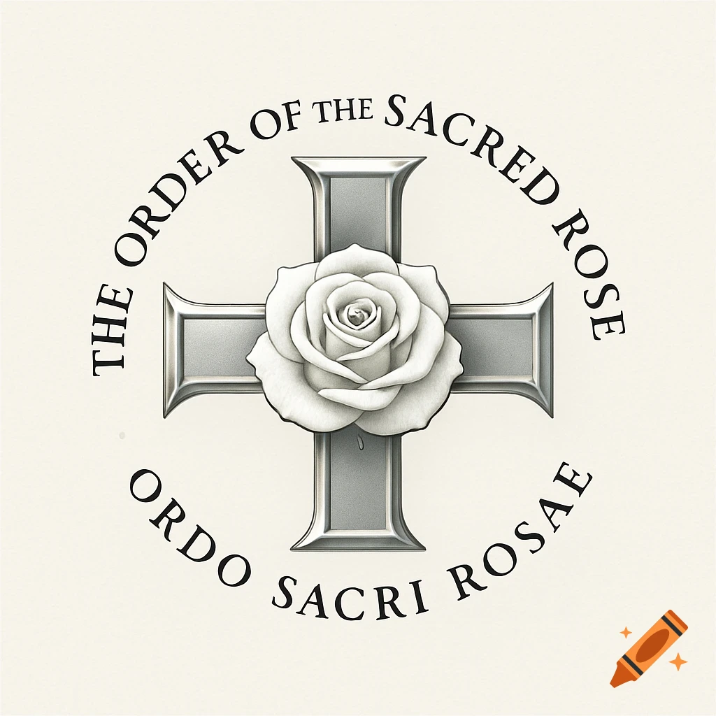 A logo featuring a metallic cross with a white rose in the center, surrounded by curved text that reads "THE ORDER OF THE SACRED ROSE" and "ORDO SACRI ROSAE".