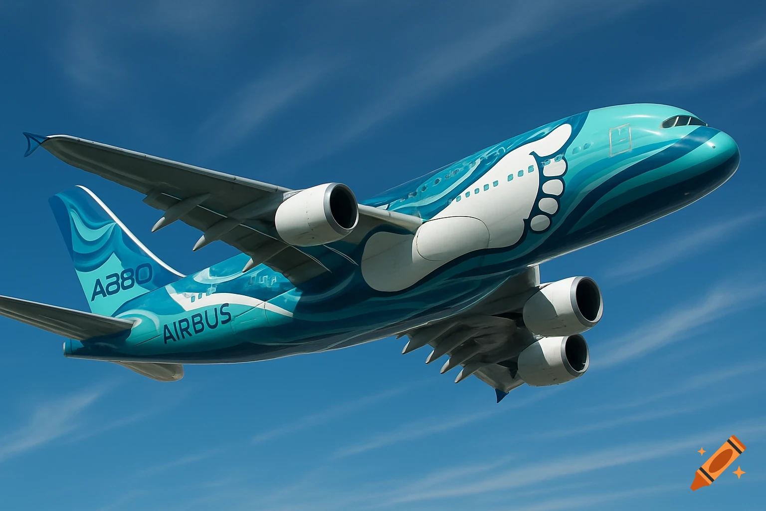 A photorealistic Airbus A380 airplane with a unique teal and white wave-patterned livery featuring a large white footprint symbol on its side, flying under a clear blue sky.