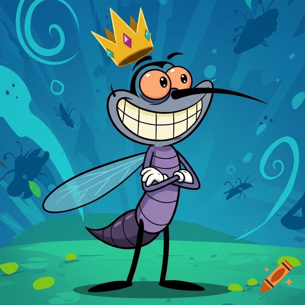 A cartoon mosquito character wearing a golden crown, smiling broadly with crossed arms, against a blue and green background with insect silhouettes.