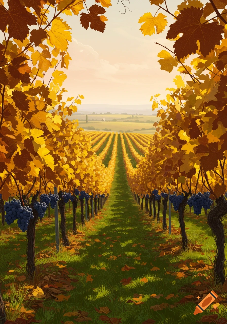 A vibrant autumn vineyard scene with rows of grapevines featuring golden leaves and ripe blue grapes, under a soft sky.