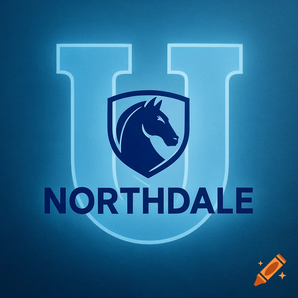 A dark blue logo featuring a horse head in a shield, 'NORTHDALE' text, and a glowing light blue 'U' on a gradient background.