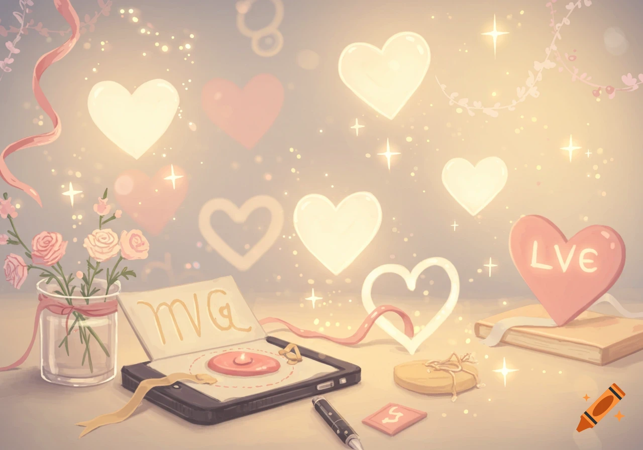 A soft illustration of glowing hearts, stars, flowers, a phone, and a book with a pink heart.