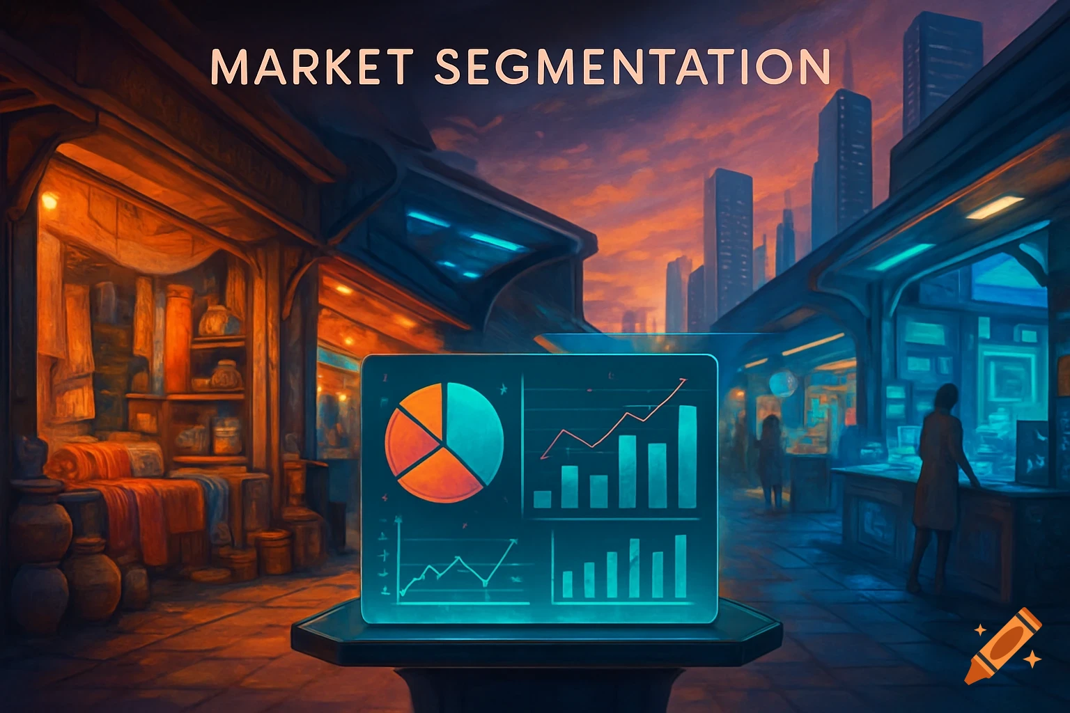Stylized market scene with glowing data display, city skyline, and 'MARKET SEGMENTATION' text.