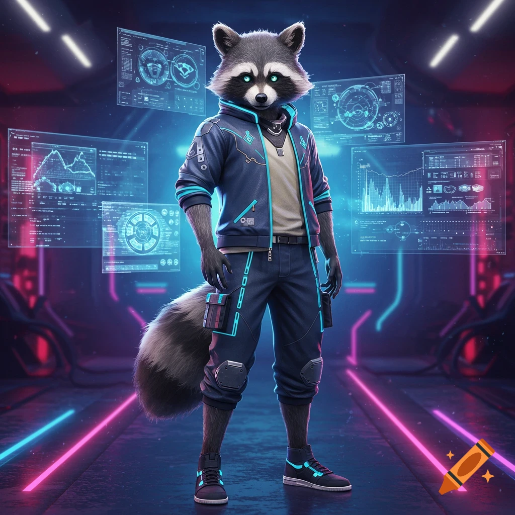 An anthropomorphic raccoon character, wearing a futuristic jacket and pants, stands in a cyberpunk setting surrounded by glowing holographic data screens.