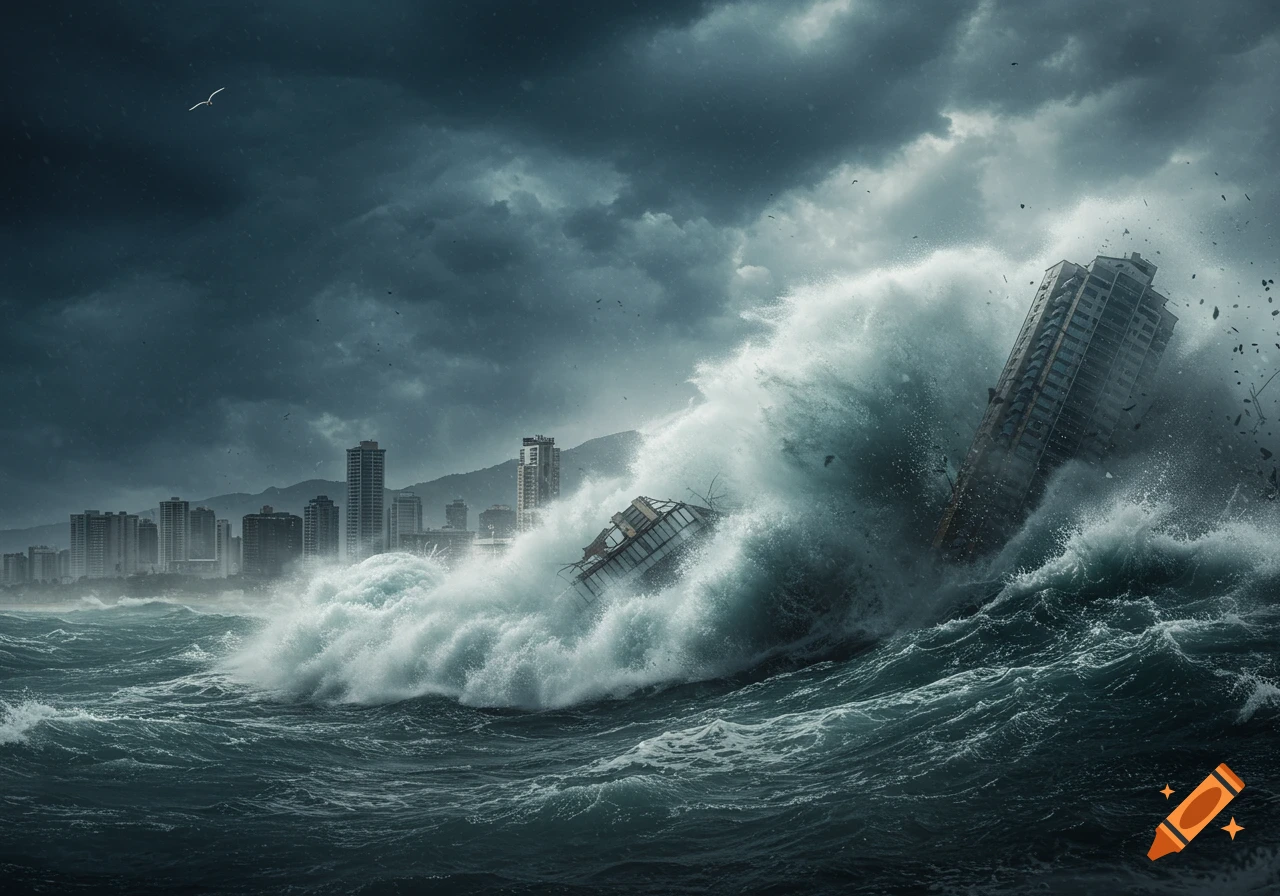Photorealistic image of a city skyline overwhelmed by massive ocean waves during a severe cyclone under a dark, stormy sky.