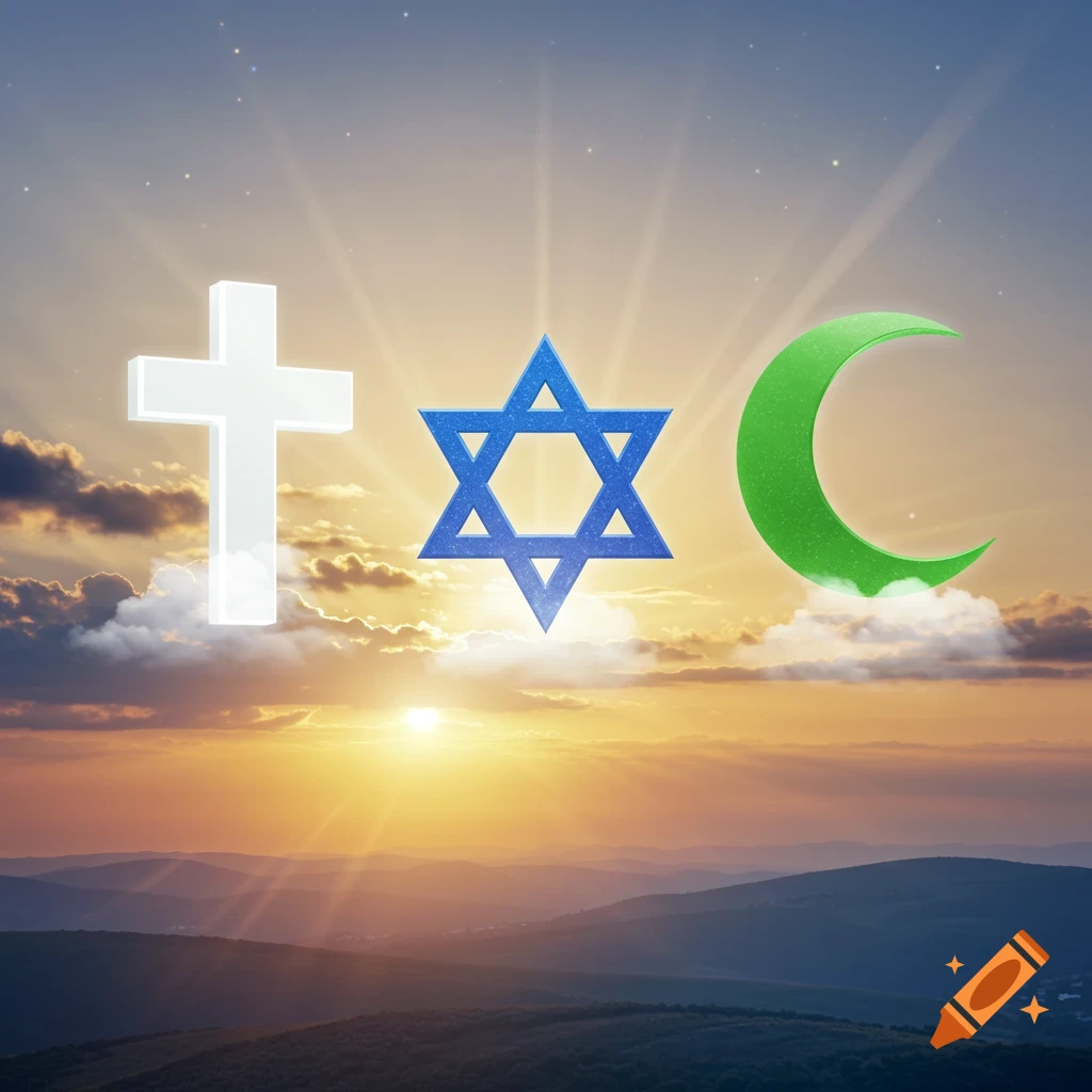 A white Christian cross, blue Star of David, and green Islamic crescent hover above clouds at sunset over mountains.