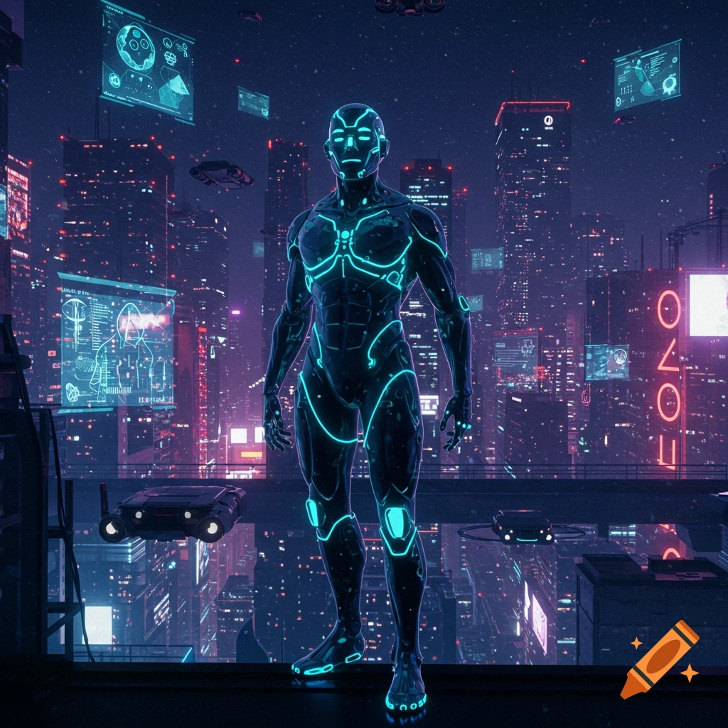 A glowing blue robot stands on a rooftop overlooking a neon-lit cyberpunk city at night with flying vehicles and holographic screens.