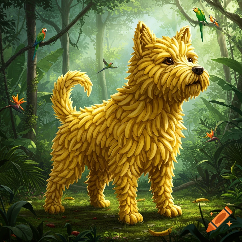 A fluffy yellow dog made entirely of bananas stands in a vibrant, lush jungle with tropical birds and plants. Illustrative style.