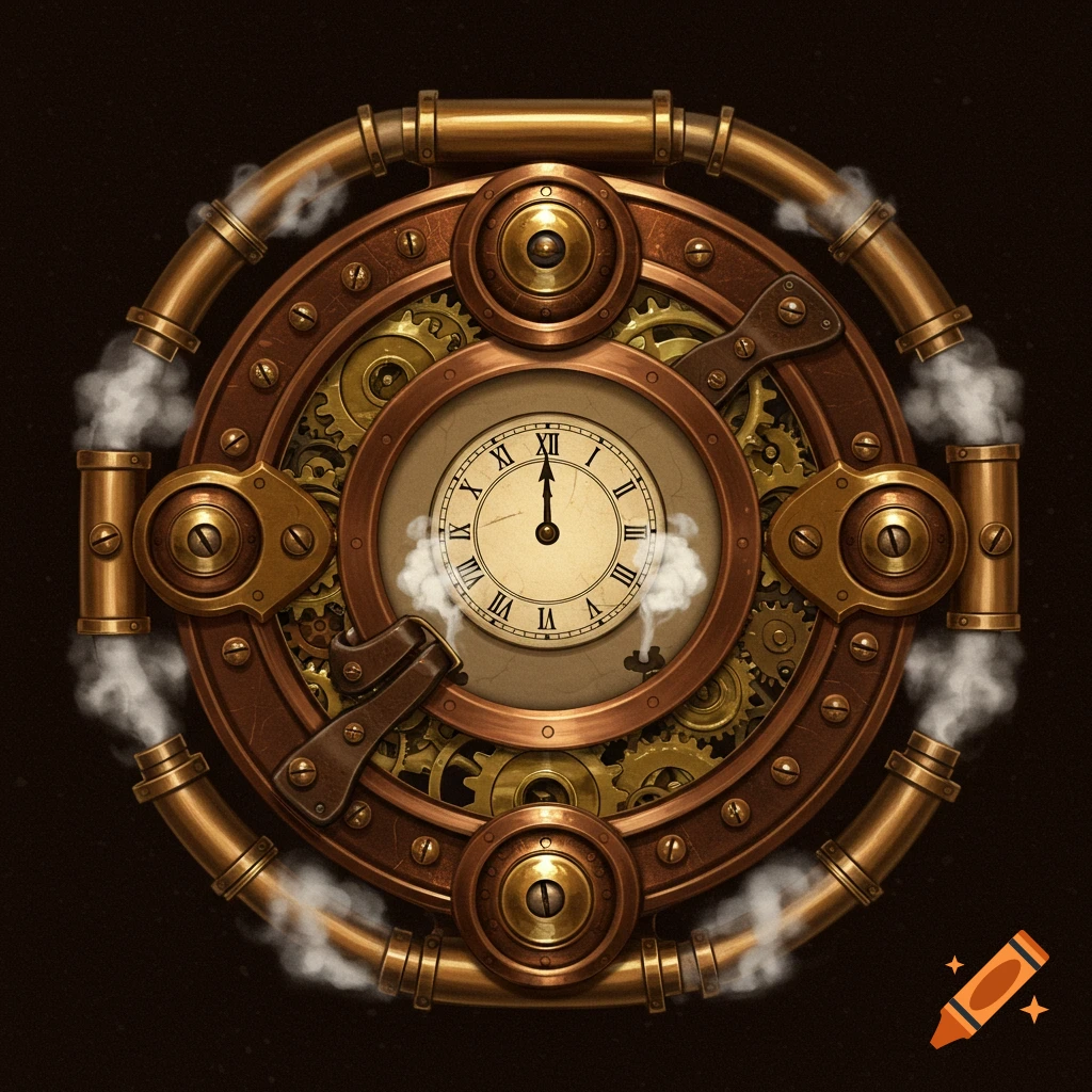 A detailed steampunk clock face with pipes, gears, and steam, set against a dark background.