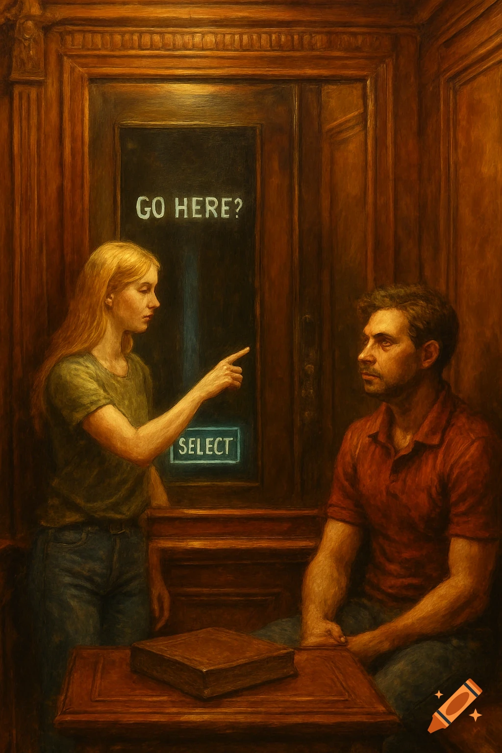 A blonde woman points to a screen in a wood-paneled room, displaying "GO HERE?" and "SELECT", while a man watches in a painterly style.