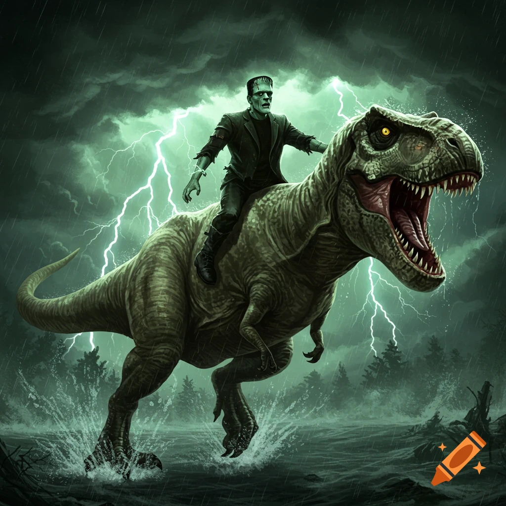 Frankenstein's monster rides a roaring T-Rex through stormy water with lightning in the sky, in a dramatic illustration.