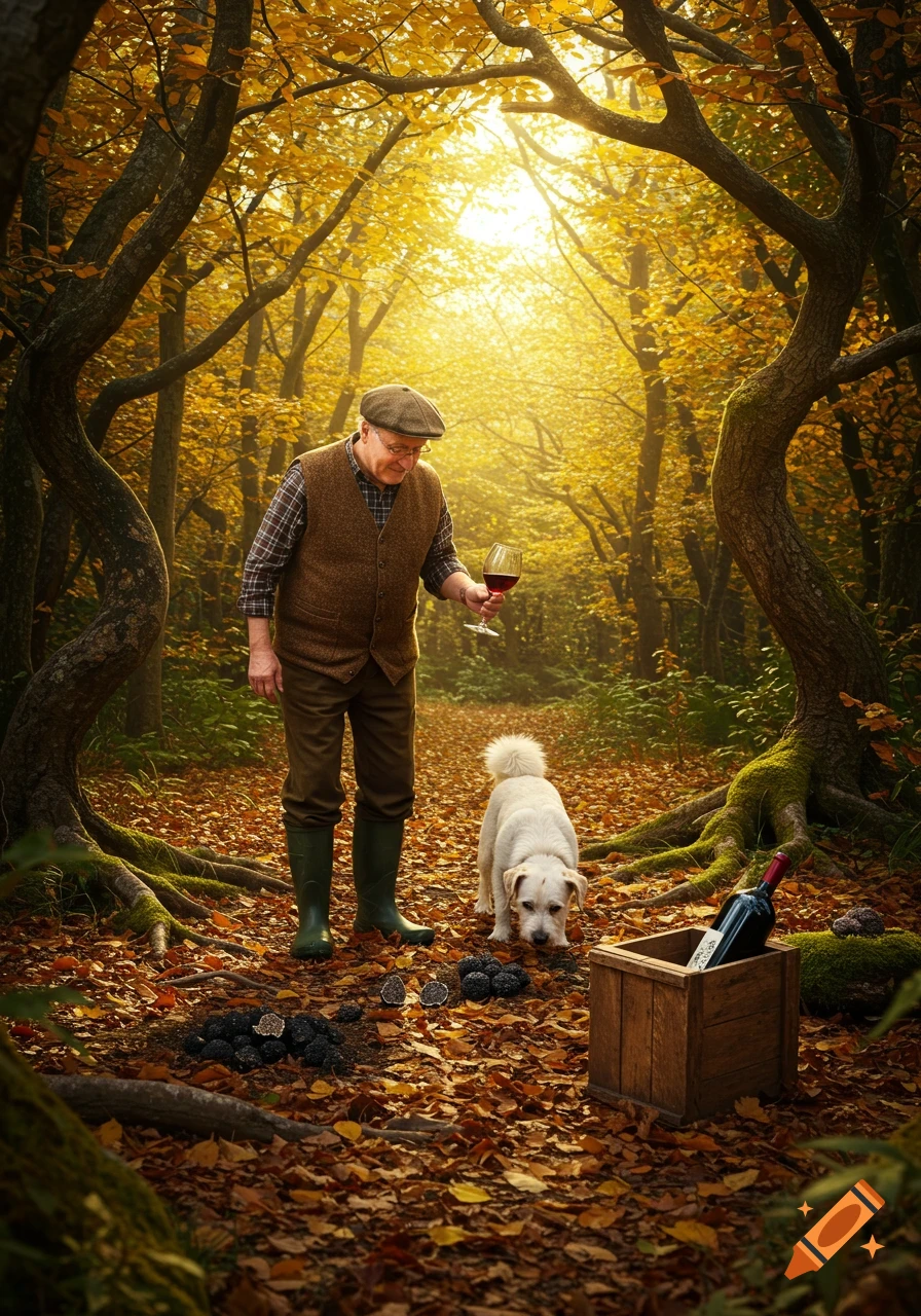 An old man in a cap and vest holds a glass of red wine, looking at his white dog sniffing discovered truffles in a golden autumn forest. A bottle of wine sits in a wooden crate nearby.