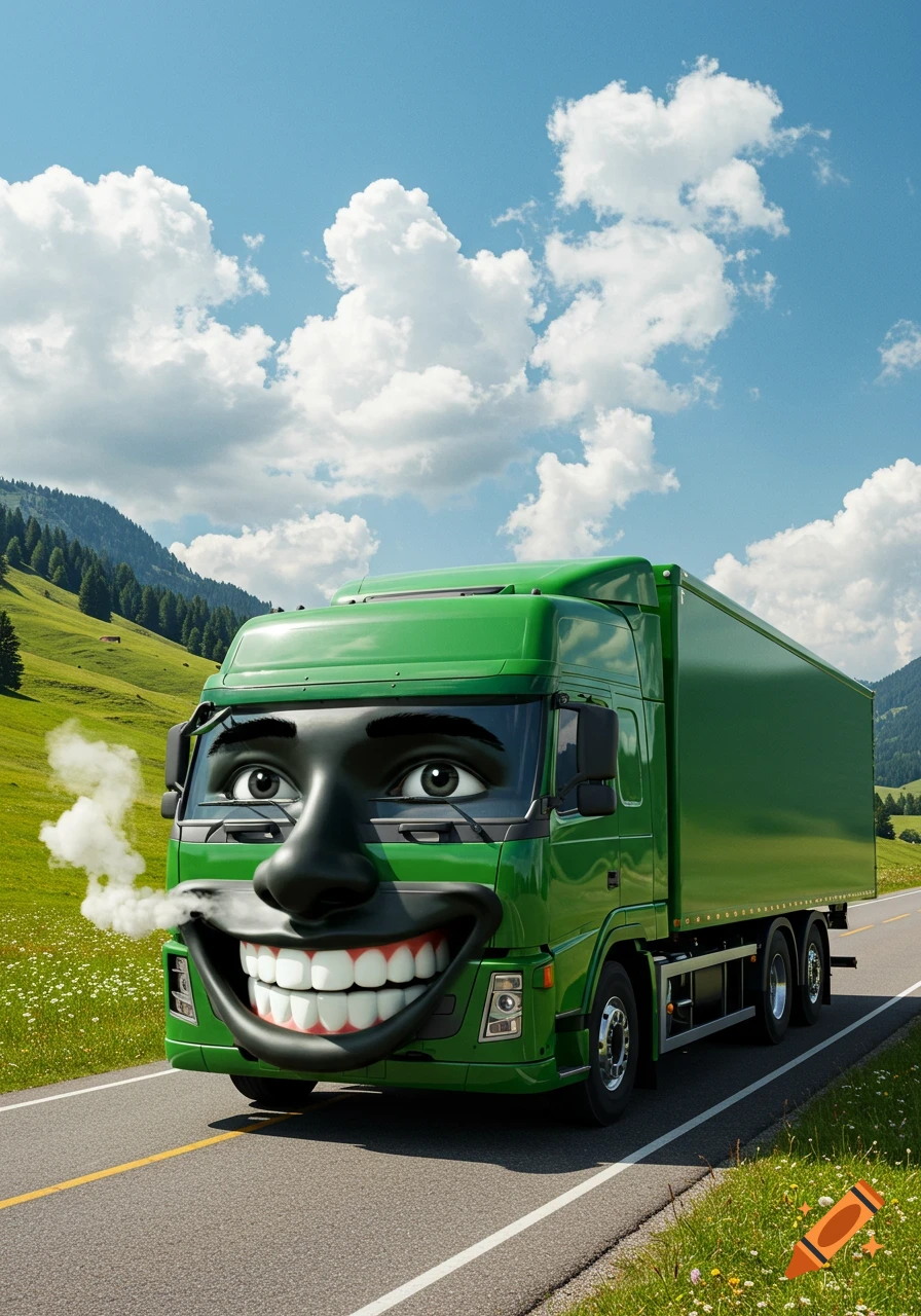 A vibrant green truck with a large, black, cartoon-like human face smiling widely, exhaling steam from its mouth, drives on a road through a lush green valley under a blue, cloudy sky.