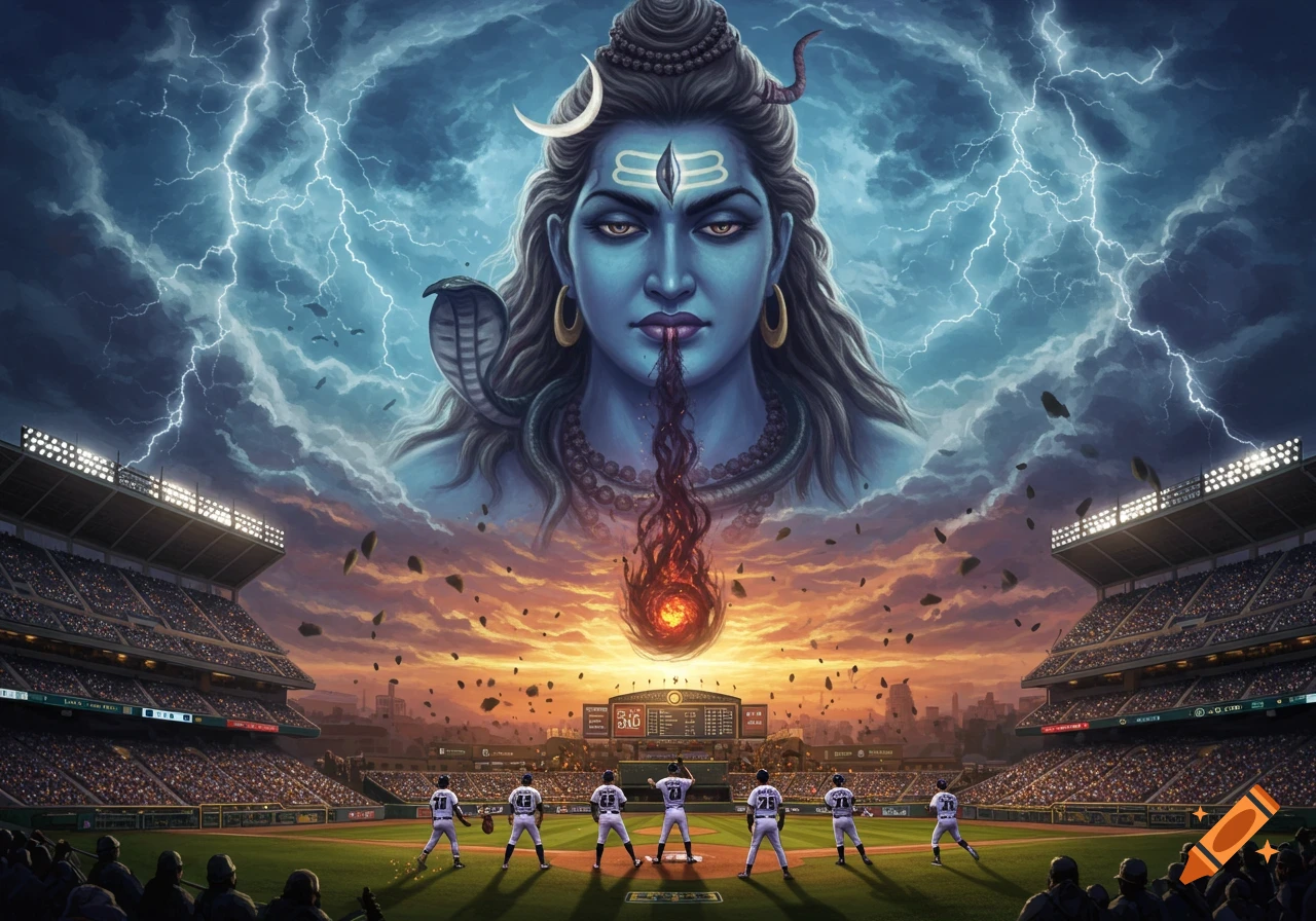 Lord Shiva, a blue-skinned deity with a crescent moon and snake, looks down from stormy skies, casting fiery energy onto a baseball stadium where players are on the field.