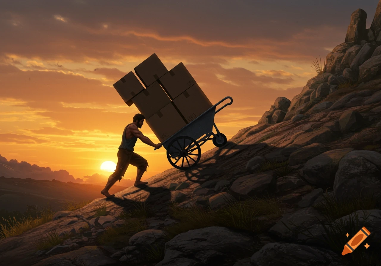 A man resembling Sisyphus pushes a heavily loaded cart of boxes up a rocky hill, silhouetted against a dramatic sunset.