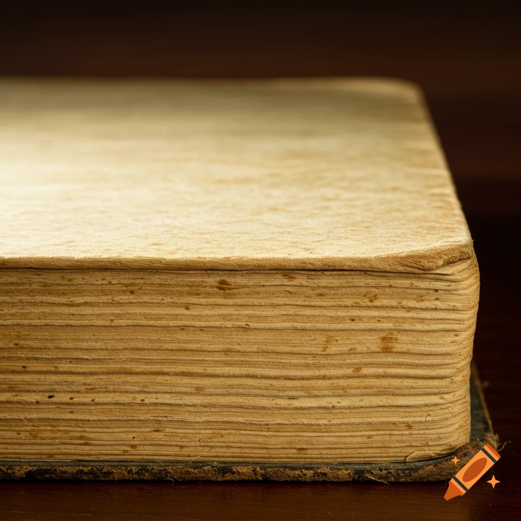 Close-up of the weathered, yellowed pages and worn binding of an old book.