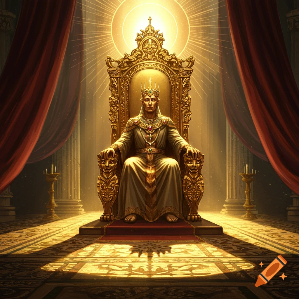 A regal king sits on an ornate golden throne in a grand hall with red drapes, a bright sun glowing behind him.