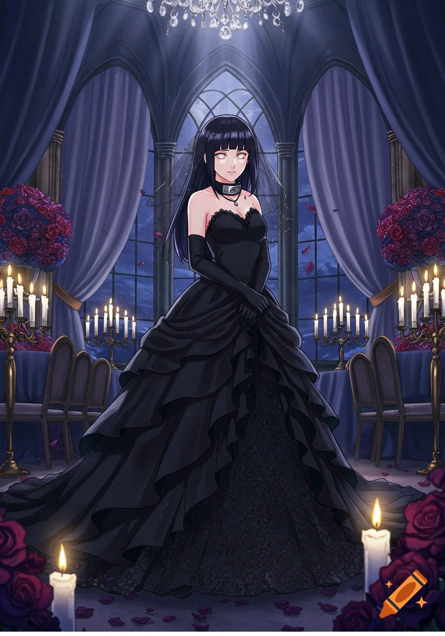 Hinata Hyuga in a black ruffled wedding dress stands in a dimly lit gothic hall with tall windows, candles, and red rose petals.