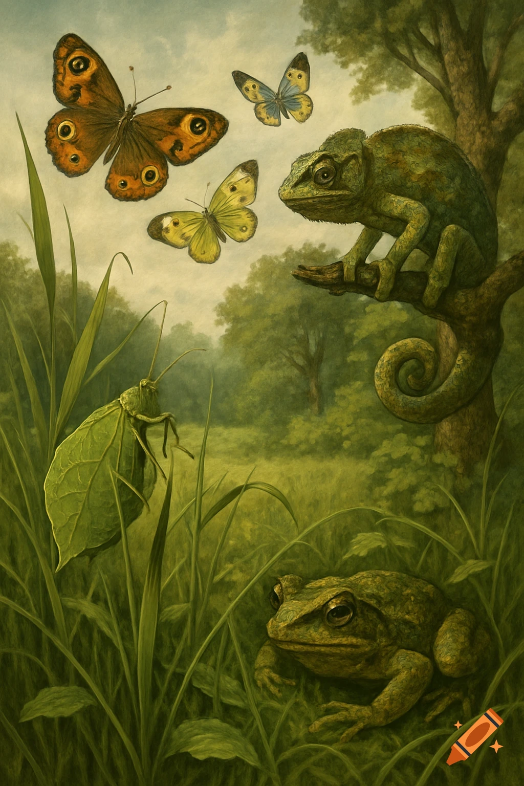 Detailed illustration of a chameleon, butterflies, a leaf insect, and a frog in lush green foliage, showcasing camouflage.