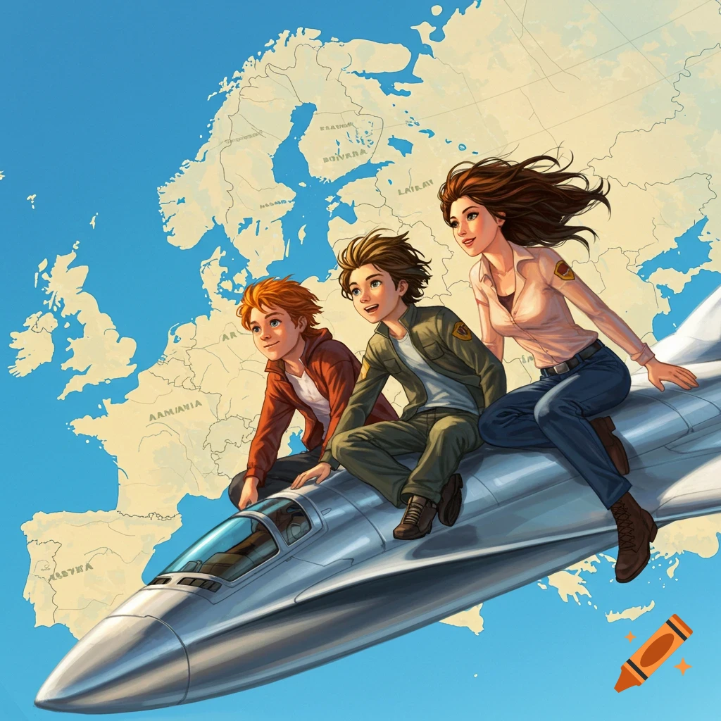 Illustrated image of three young people sitting on a silver jet flying over a map of Europe.