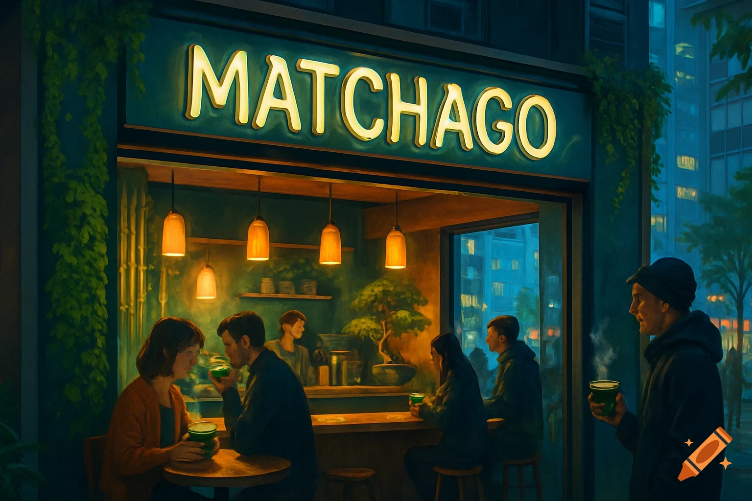 A vibrant, painterly illustration of a 'MATCHAGO' matcha bar at night, with patrons enjoying drinks.