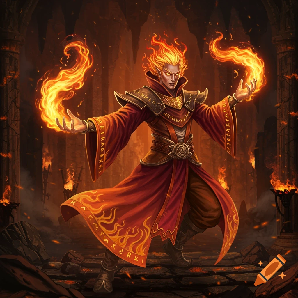 A powerful fire magician with glowing hair and fiery hands stands in a dark, torchlit dungeon, wearing a red robe.