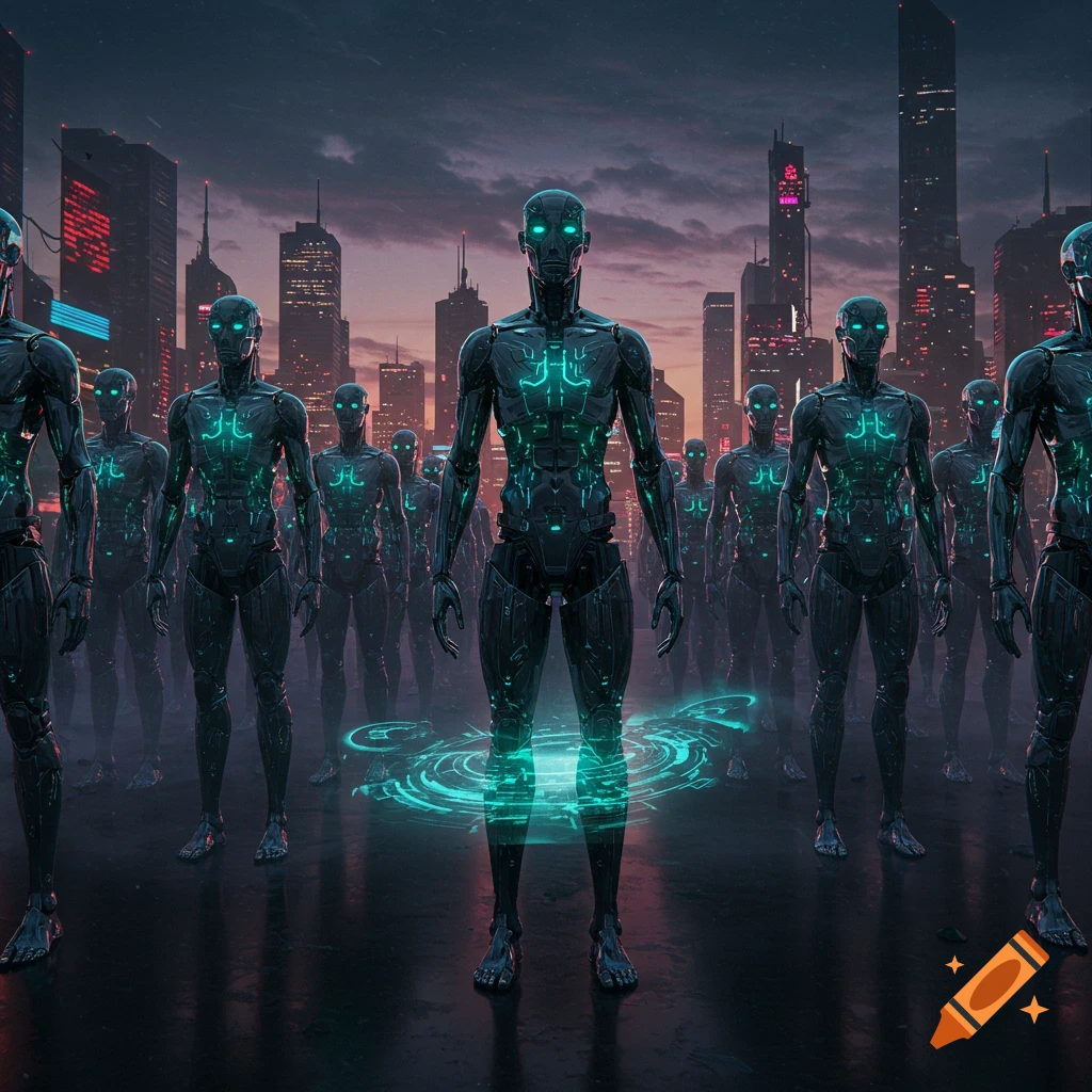 Photorealistic army of dark androids with glowing blue circuits standing in a futuristic cityscape.