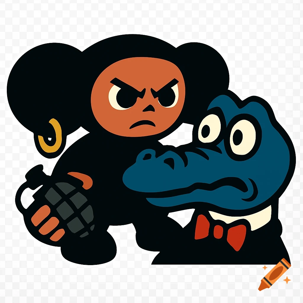 Minimalist vector logo: angry black Cheburashka with earring holds grenade, threatening scared blue crocodile in bow tie.