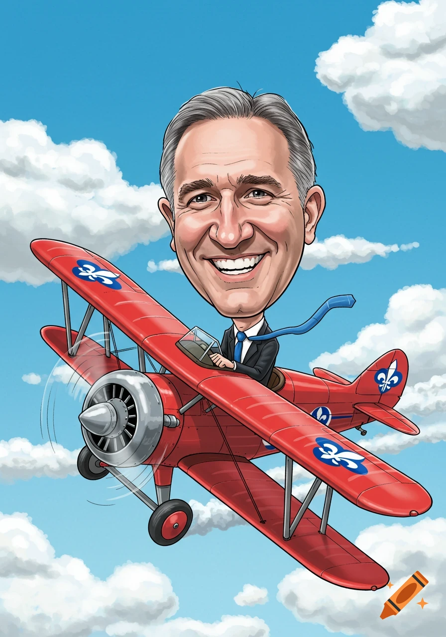 Caricature of a smiling man with a large head flying a red biplane adorned with fleur-de-lis symbols in a blue sky with clouds.