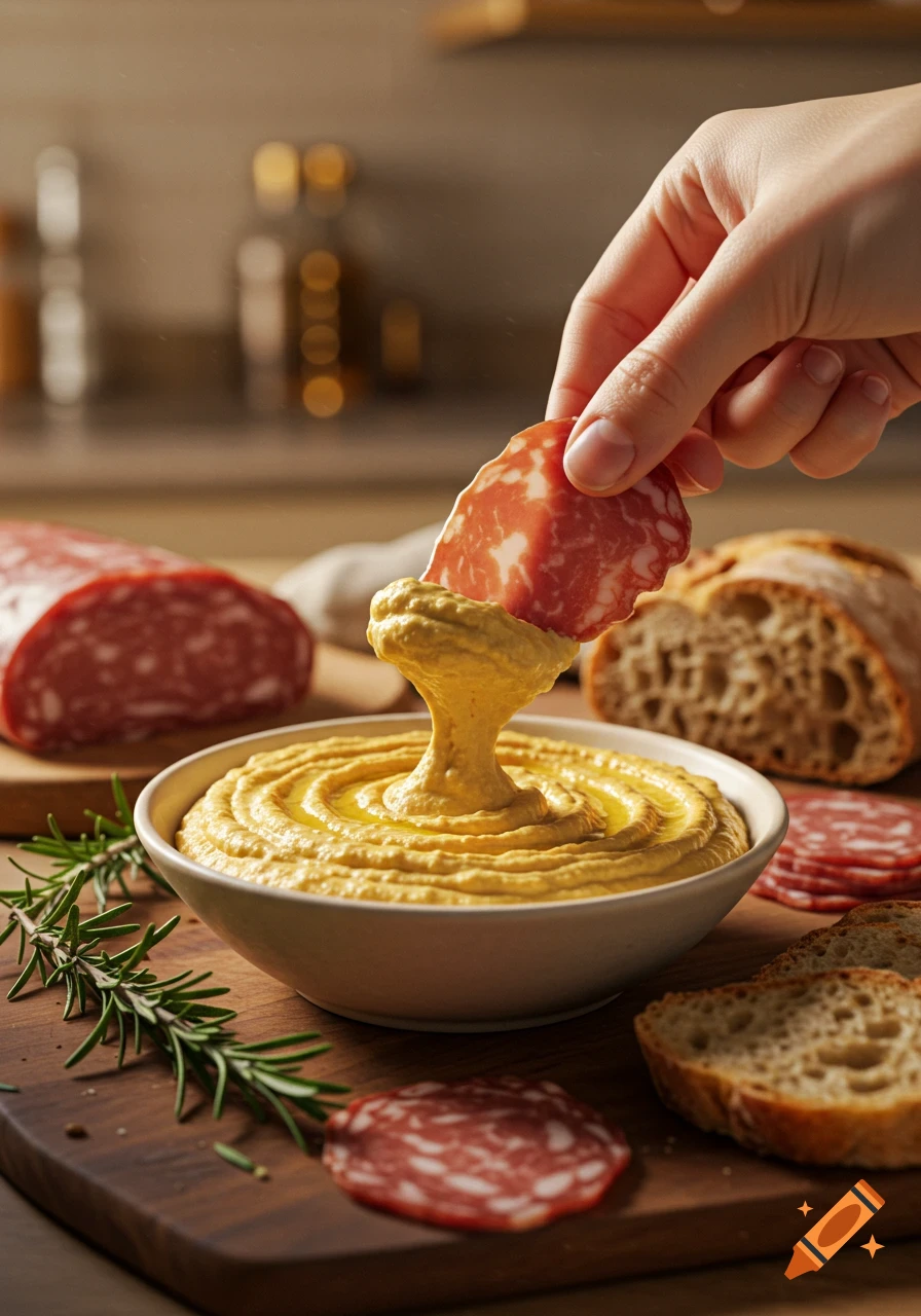 A hand dips a slice of salami into a bowl of creamy hummus on a wooden board, with bread and more salami nearby, in a photorealistic style.